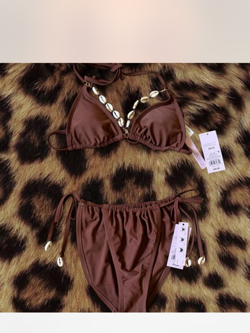 Brown Shell-Trim Triangle Bikini - Picture 3 of 6